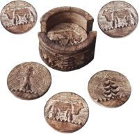 Boite de 6 sous verre en bois avec transhumance de vaches sculptées à main