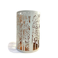 Photophore en metal motif forêt couleur blanc/cuivré pour bougie ou luminaires décoratifs