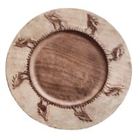 Sous-assiette en bois brûlé (manguier) sculptée avec 8 cerfs