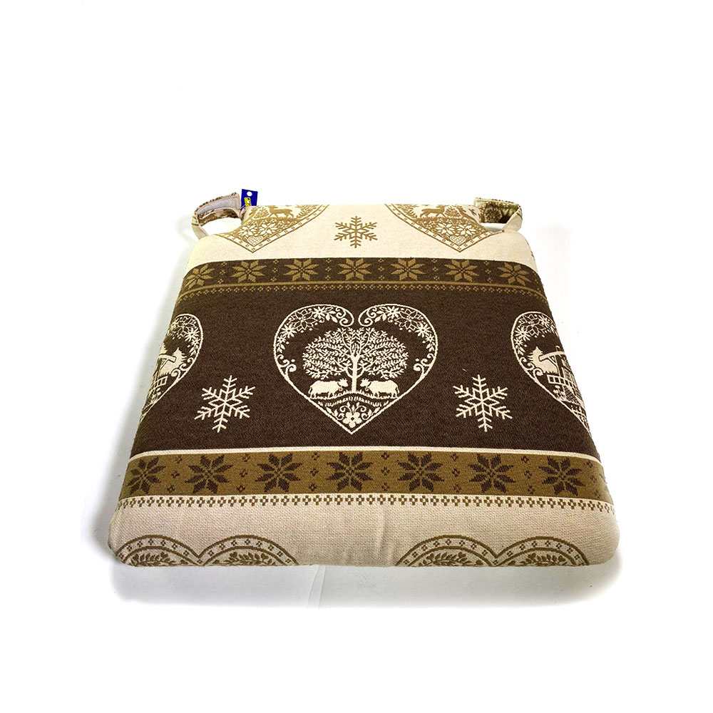 Galette pour chaise en tissu avec poya de montagne, vache et nature couleur  brun, blanc, écru et or - Valais déco