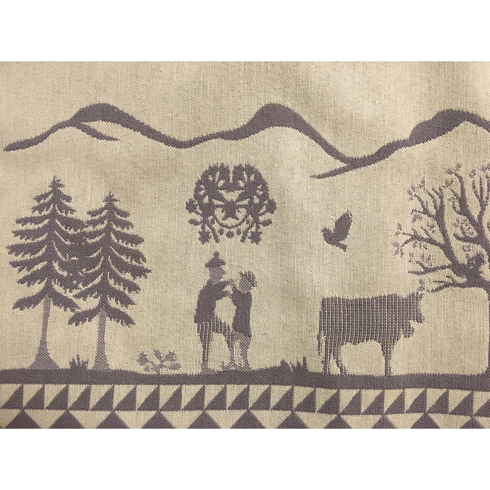 Petite nappe tapis de table en jacquard 100x100 cm - Ski vintage gris  motifs ski de montagne écru - Valais déco