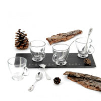 Service à café complet avec ardoise, cuillères en inox et 4 tasses à espresso en verres